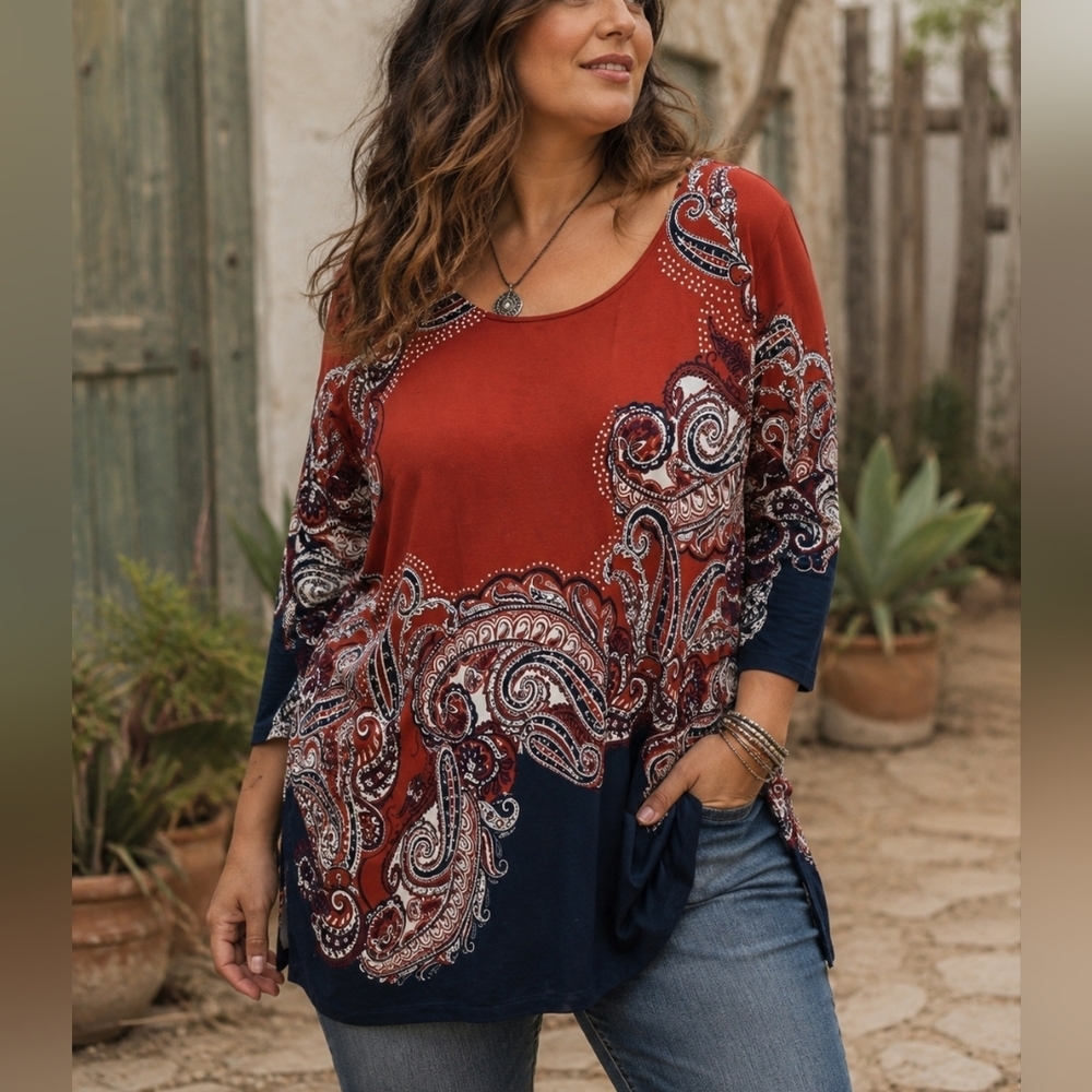 Cleo Paisley Tunic Top XL Red Navy Boho Stretch 3/4 Sleeve Women's Blouse